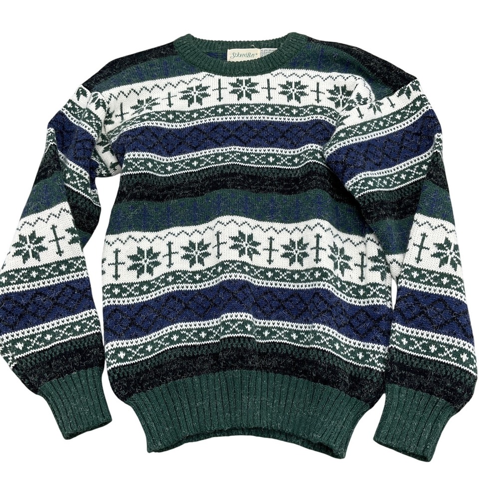 St Johns Bay Sweater Men Small Blue Green Fair‎ Isle Snowflake Acrylic USA VTG